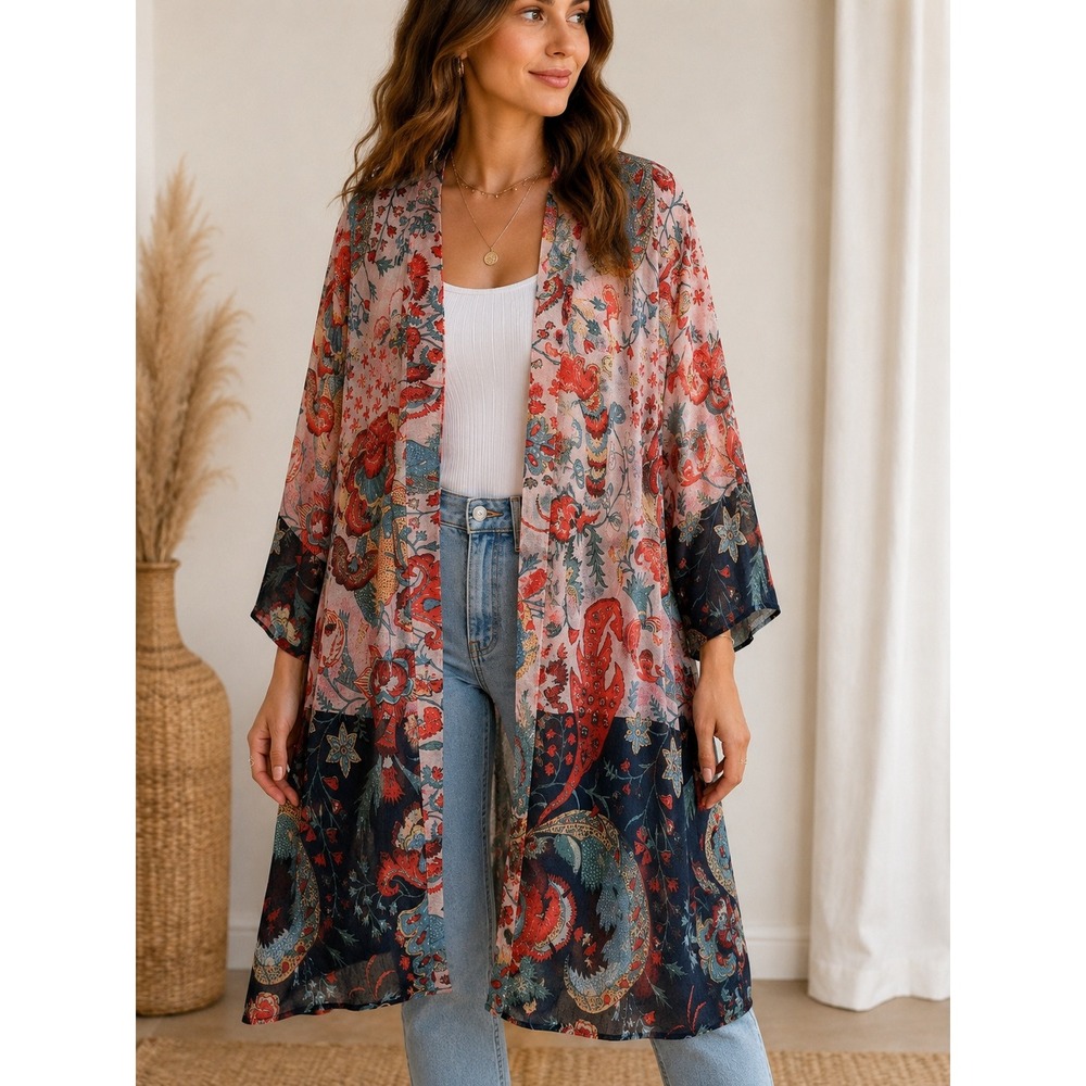 Inka Floral Paisley Kimono Duster‎ Cardigan Fits Small Boho Festival